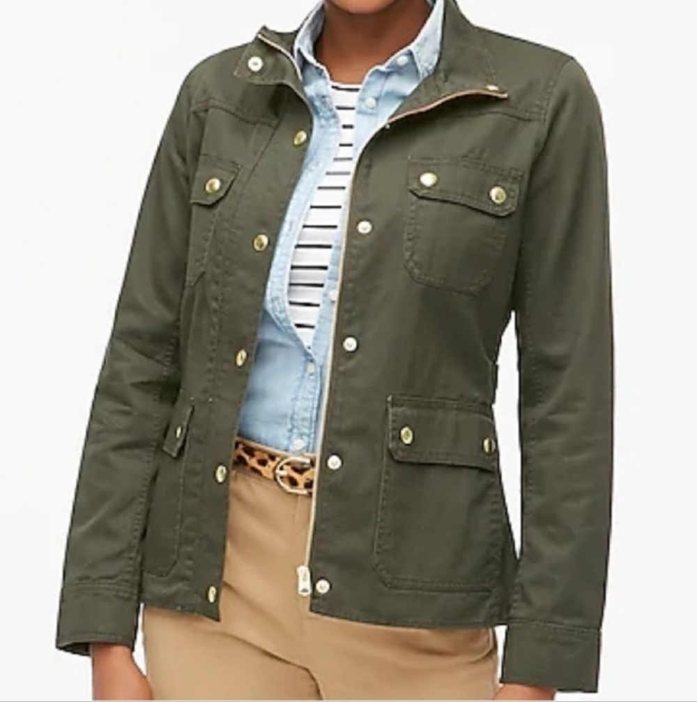 J Crew 100 Percent Cotton Field Jacket Olive Green With Goldtone Hardware XS